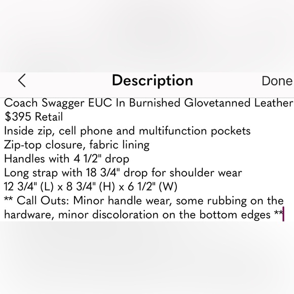 Coach Swagger EUC In Burnished Glovetanned Leather $395 Retail - Picture 16 of 16